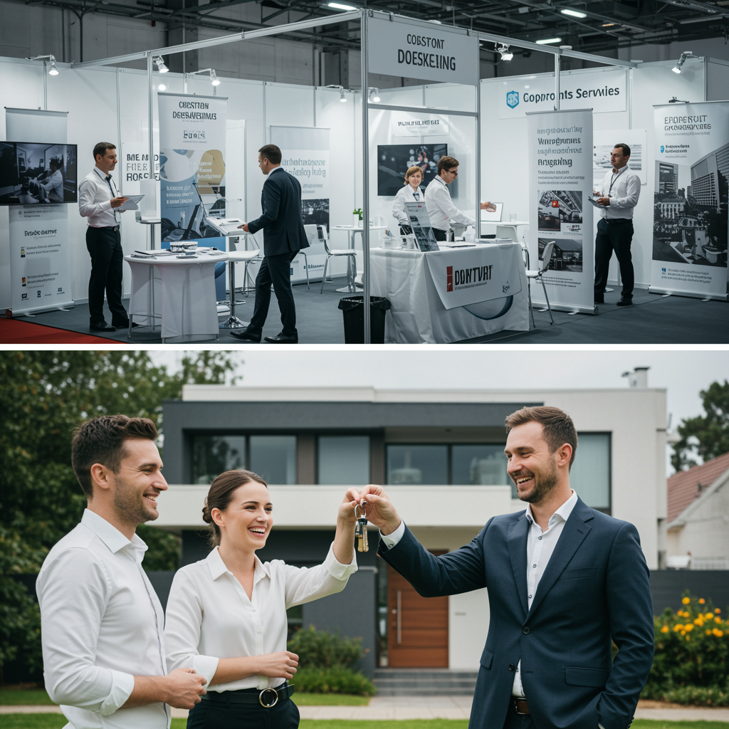 "Collage profesional que muestra un stand de feria comercial y un agente inmobiliario entregando llaves a una pareja feliz frente a una casa moderna."