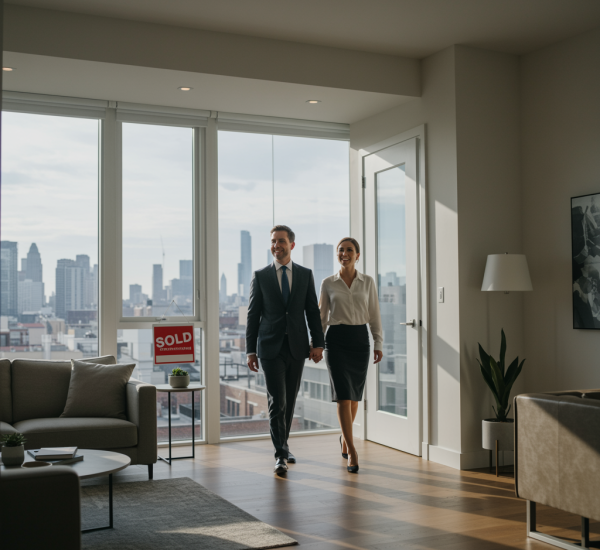 "Agente inmobiliario guía a una pareja sonriente en un loft moderno con vistas a la ciudad y letrero de 'Vendido'."