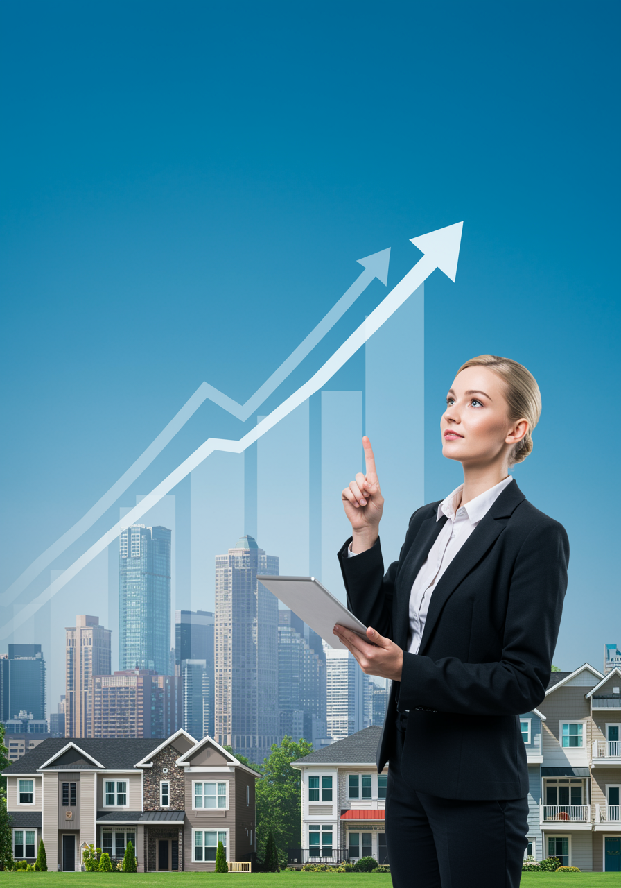 "Agente inmobiliaria femenina en un dinámico paisaje urbano semi-realista, mostrando propiedades diversas y gráficos de ventas en ascenso, simbolizando crecimiento y eficiencia en el sector inmobiliario."