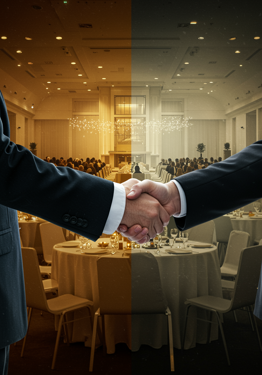 "Ilustración en alta resolución de dos profesionales blancos estrechando manos en un entorno que combina un elegante salón de eventos y una acogedora fachada de casa, simbolizando confianza y asociación."