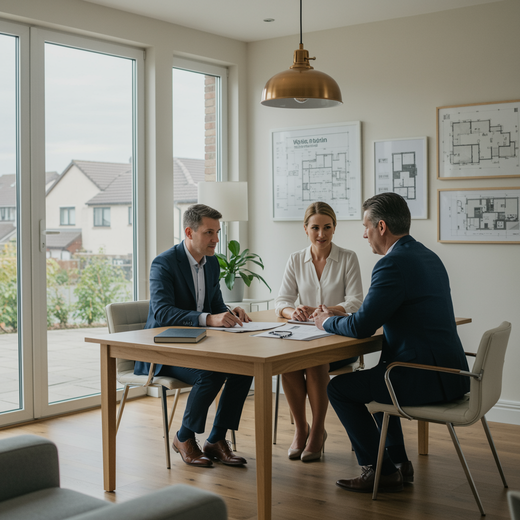 "Ilustración digital fotorrealista de una consulta inmobiliaria moderna en una oficina elegante, destacando un agente de bienes raíces asistiendo a una pareja sobre documentos de tasación."