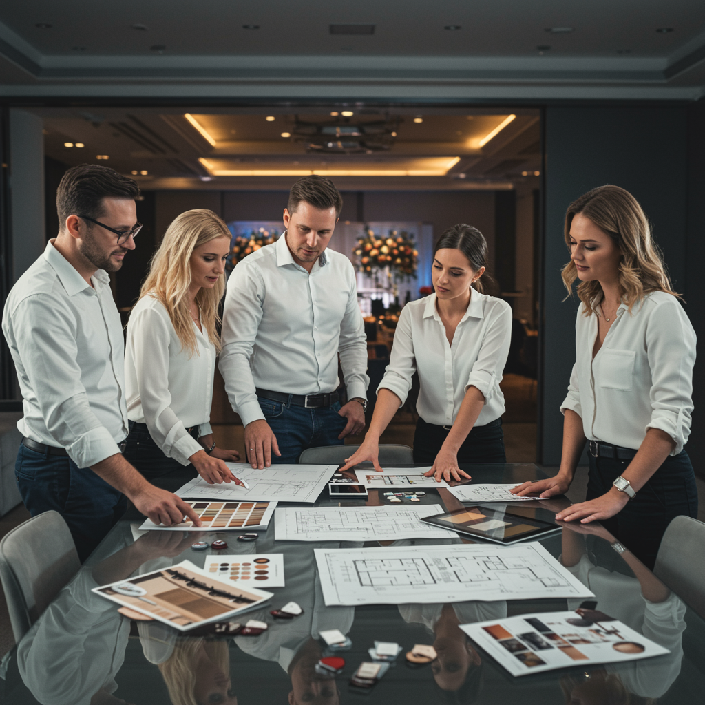 "Imagen de planificadores de eventos profesionales trabajando en equipo en una moderna sala de conferencias, revisando planos y detalles para eventos corporativos y sociales."