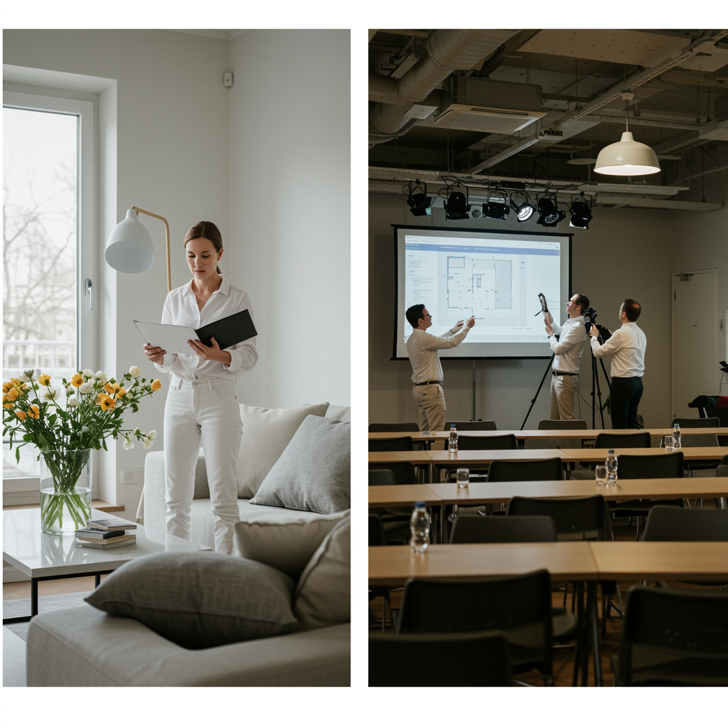"Ilustración fotorealista de planificadores de eventos y un diseñador de interiores trabajando en un elegante salón de conferencias y una sala de estar contemporánea, con luz natural y decoración minimalista."