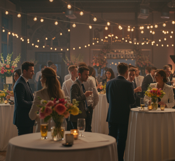 "Evento corporativo elegante con invitados en atuendo de negocios, mesas altas decoradas con flores, luces de cadena y un pianista en vivo."